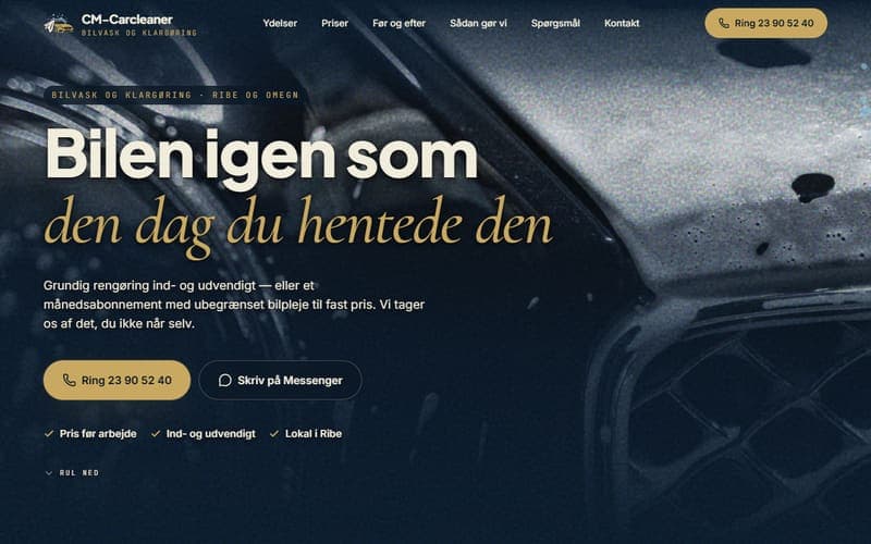 Forsiden af en hjemmeside, jeg har bygget til en virksomhed inden for bilpleje