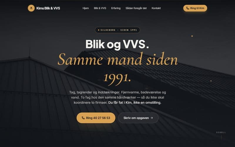 Forsiden af en hjemmeside, jeg har bygget til en virksomhed inden for blikkenslager
