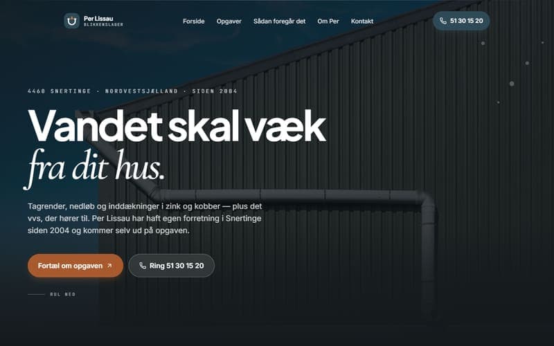 Forsiden af en hjemmeside, jeg har bygget til en virksomhed inden for blikkenslager