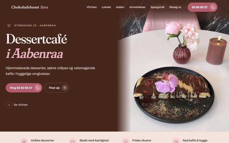 Forsiden af en hjemmeside, jeg har bygget til en virksomhed inden for dessertcafé