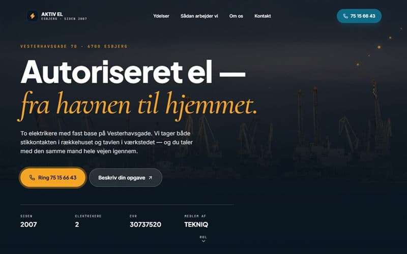Forsiden af en hjemmeside, jeg har bygget til en virksomhed inden for elektriker