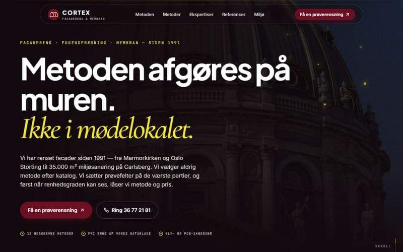 Forsiden af en hjemmeside, jeg har bygget til en virksomhed inden for facaderens