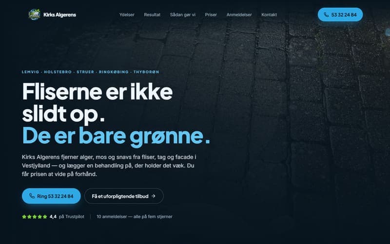 Forsiden af en hjemmeside, jeg har bygget til en virksomhed inden for alge- & fliserens