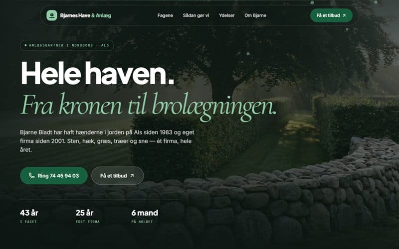 Forsiden af en hjemmeside, jeg har bygget til en virksomhed inden for anlægsgartner
