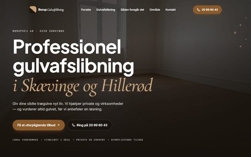 Forsiden af en hjemmeside, jeg har bygget til en virksomhed inden for gulvafslibning