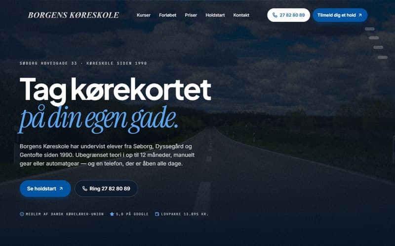 Forsiden af en hjemmeside, jeg har bygget til en virksomhed inden for køreskole