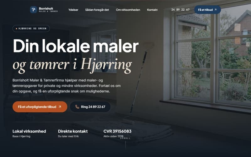 Forsiden af en hjemmeside, jeg har bygget til en virksomhed inden for maler & tømrer