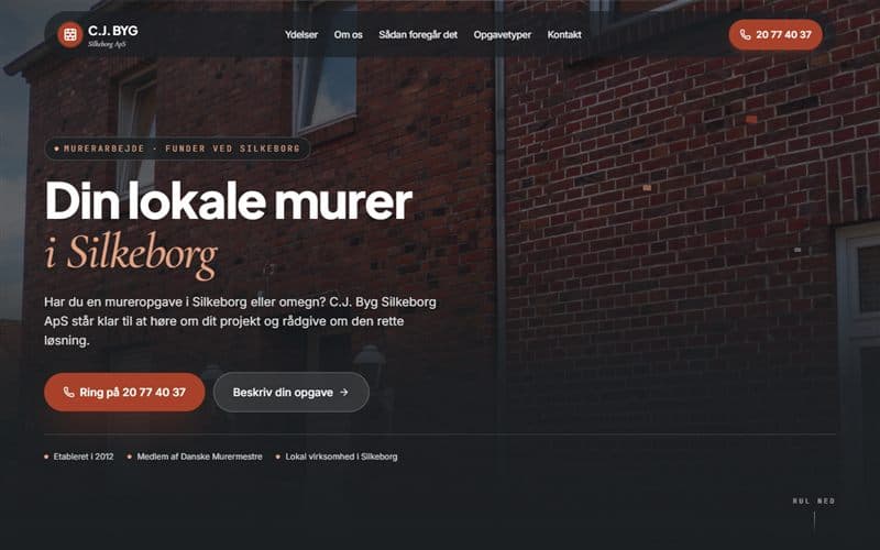 Forsiden af en hjemmeside, jeg har bygget til en virksomhed inden for murer
