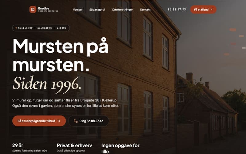 Forsiden af en hjemmeside, jeg har bygget til en virksomhed inden for murer