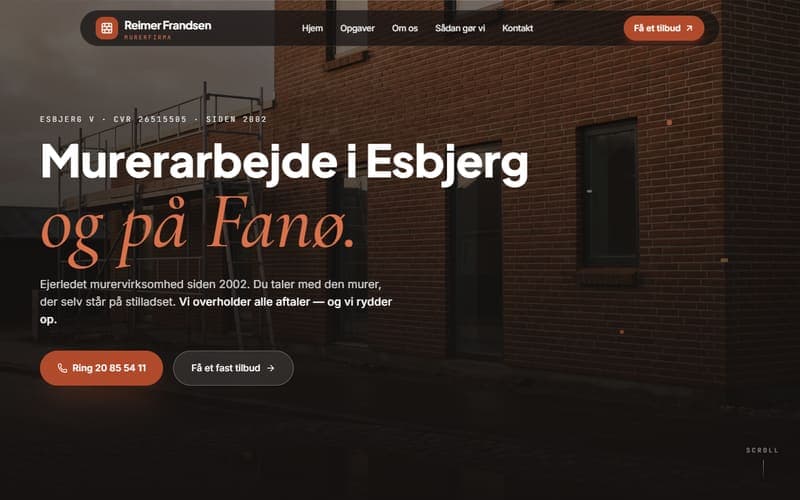 Forsiden af en hjemmeside, jeg har bygget til en virksomhed inden for murer