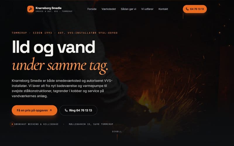 Forsiden af en hjemmeside, jeg har bygget til en virksomhed inden for smed
