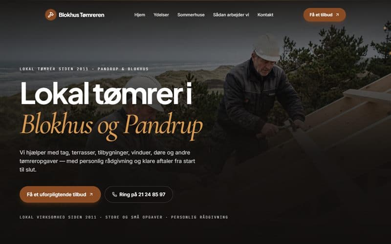 Forsiden af en hjemmeside, jeg har bygget til en virksomhed inden for tømrer
