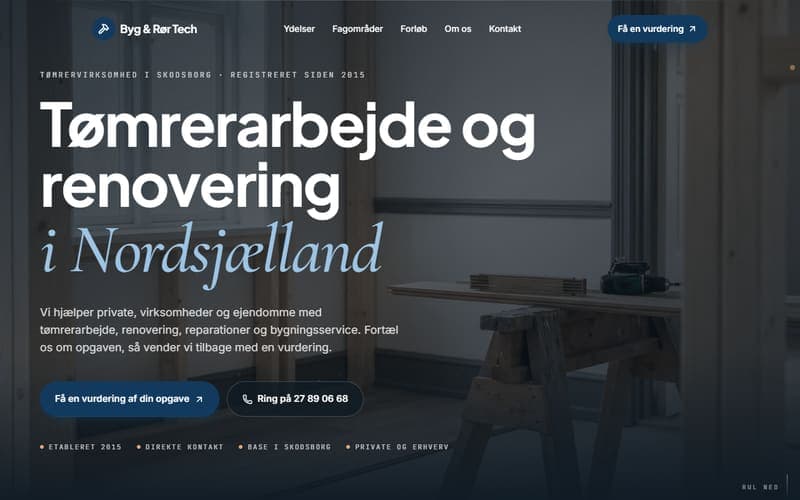 Forsiden af en hjemmeside, jeg har bygget til en virksomhed inden for tømrer