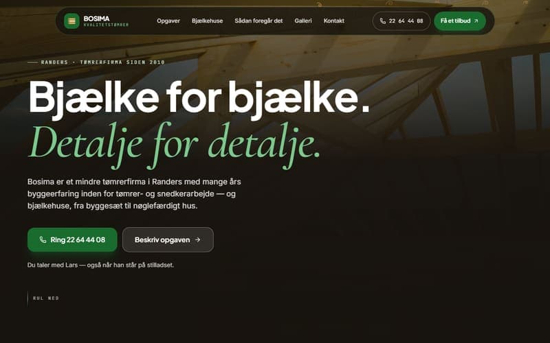 Forsiden af en hjemmeside, jeg har bygget til en virksomhed inden for bjælkehuse