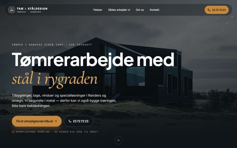 Forsiden af en hjemmeside, jeg har bygget til en virksomhed inden for tømrer