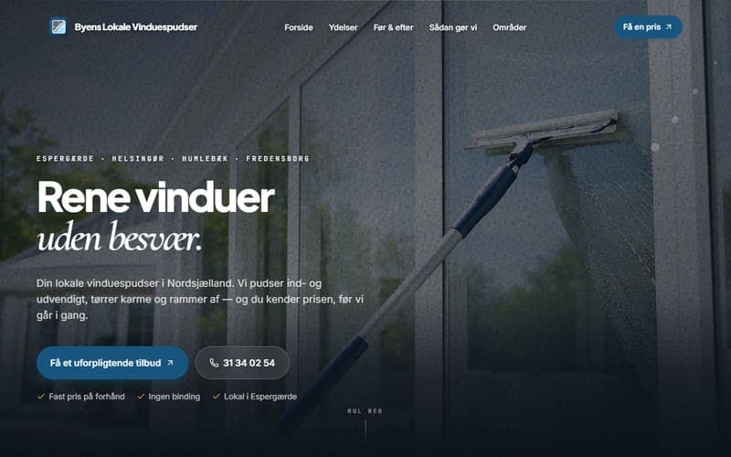 Forsiden af en hjemmeside, jeg har bygget til en virksomhed inden for vinduespudser