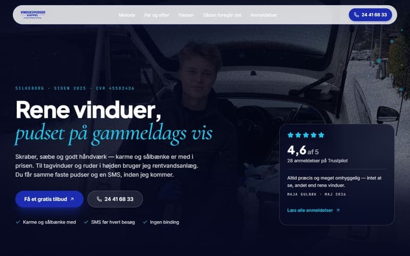 Forsiden af en hjemmeside, jeg har bygget til en virksomhed inden for vinduespudser