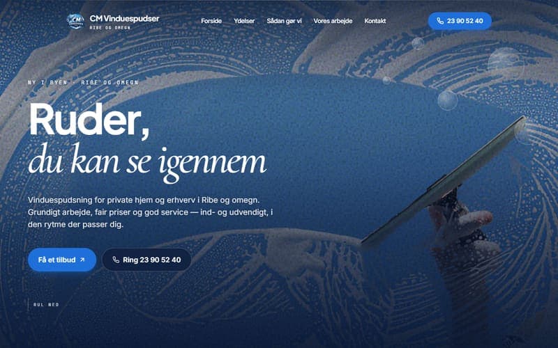 Forsiden af en hjemmeside, jeg har bygget til en virksomhed inden for vinduespudser