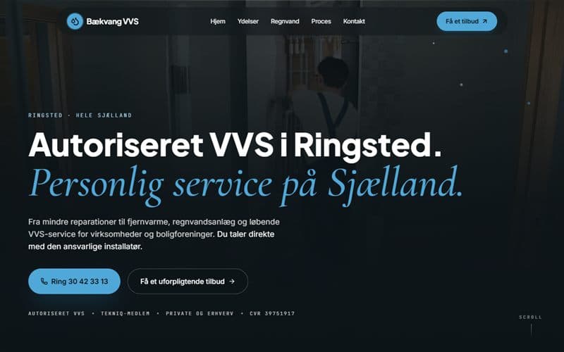 Forsiden af en hjemmeside, jeg har bygget til en virksomhed inden for vvs